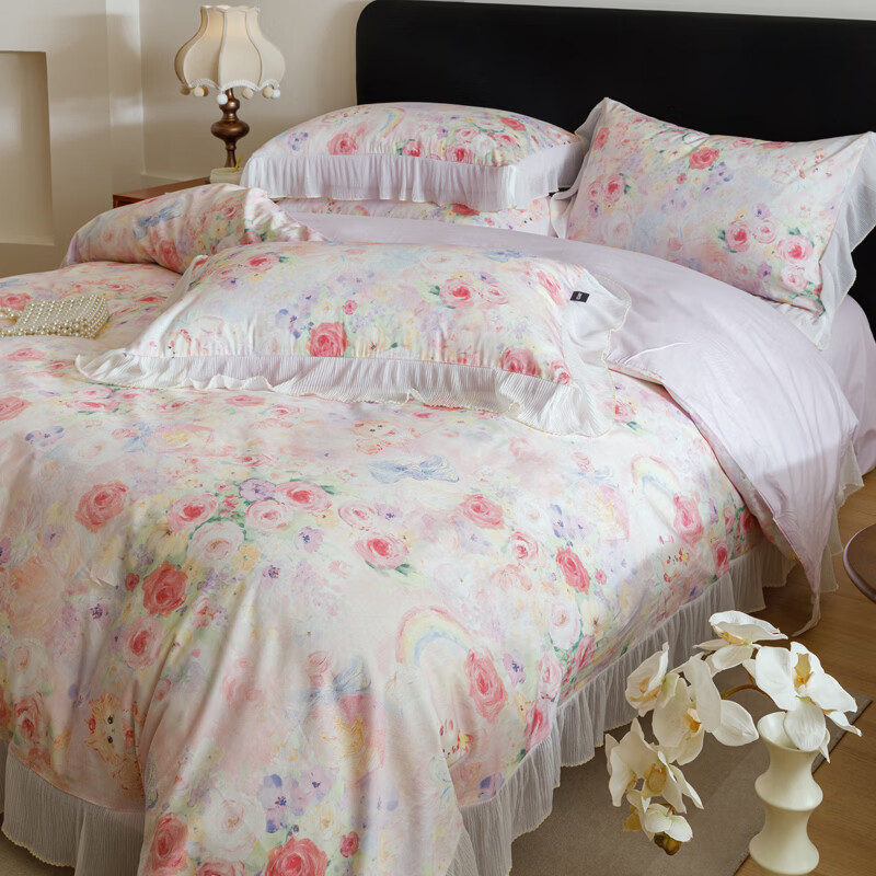 ROLAND LIVE春夏全棉法式复古油画风花边款四件套透气被套床单家用床上用品 KZ 全棉花边款四件套-波斯公主 标准 床单款 【被套200*230cm】