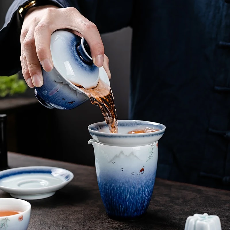 京峰阁 茶具套装 景德镇陶瓷手绘划船茶壶整套高档轻奢家用办公商务礼品 手绘划船皮盒套装 6人饮 11件