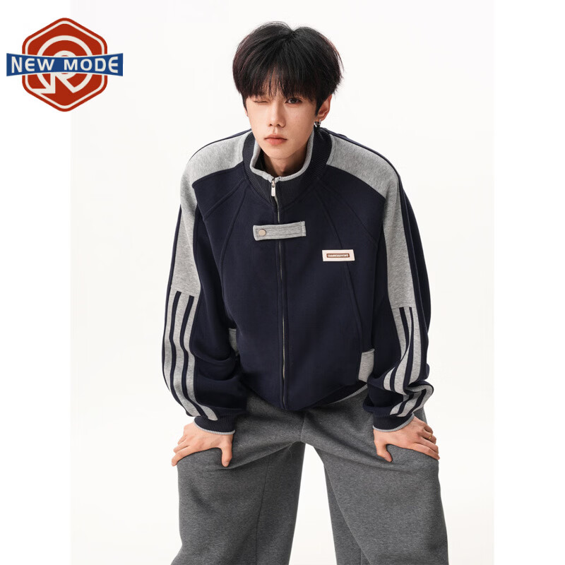 NEW OR MODE美式高街条纹撞色卫衣男春秋潮牌宽松休闲立领运动学院风夹克外套 藏青色【高品质】 M 【建议90-110斤】