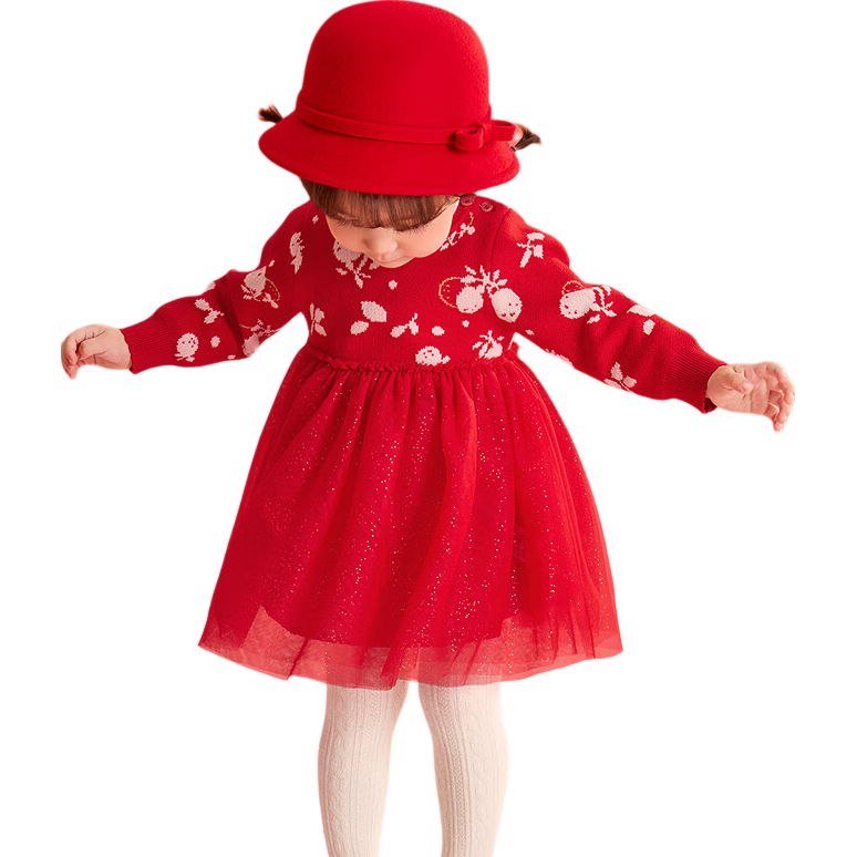 巴拉巴拉童裝嬰兒連衣裙寶寶公主裙網(wǎng)紗裙假兩件拼接甜美喜慶年服