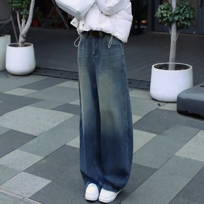 MODX复古加绒弯刀阔腿牛仔裤女2026春冬新款欧货时尚高腰垂感休闲裤子 牛仔蓝 S 26 【建议85-95】