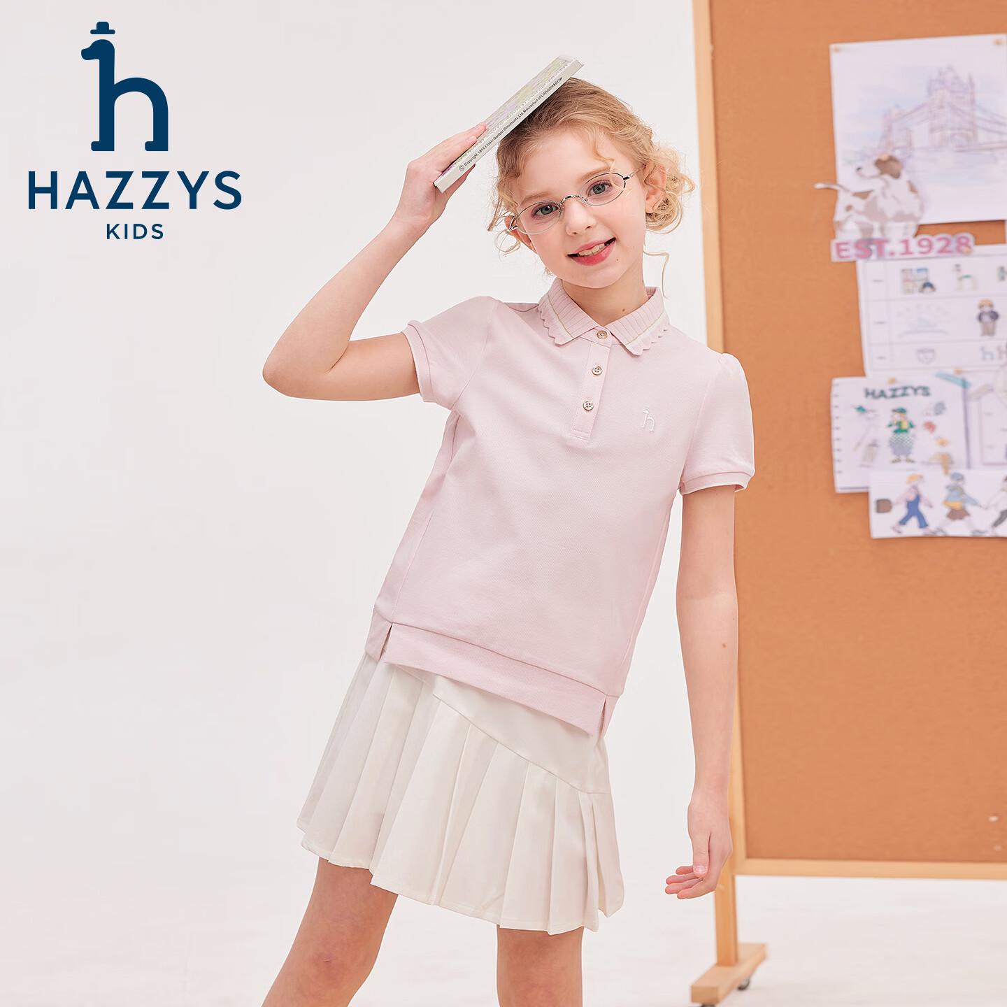 哈吉斯(HAZZYS)童装女童套装2026夏季新款大童甜美速干短袖polo衫学院风百褶短裙 米白色 145