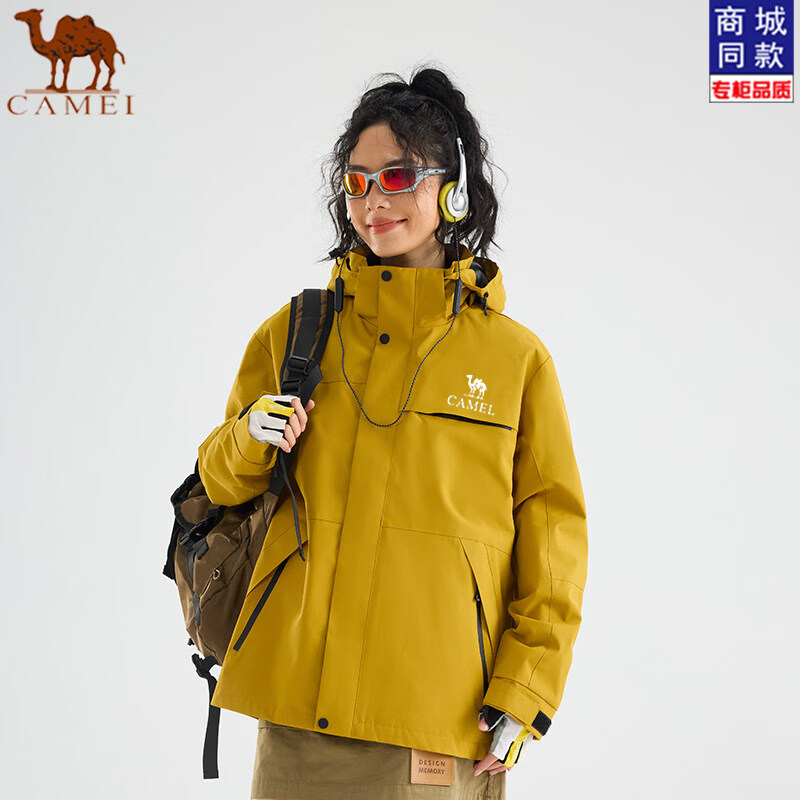 骆驼冲锋衣三合一户外春秋新款男女款抓绒内胆防风保暖防水外套登山服 黑色 春秋外套无加绒内胆 M 110-130斤