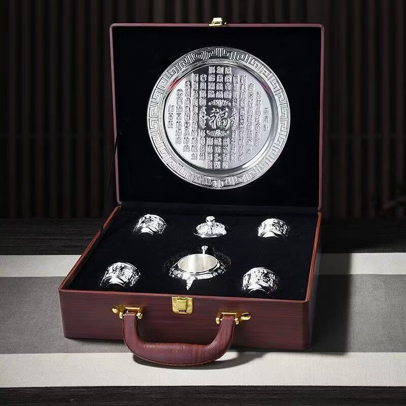 新款百福999纯银茶具套装1壶1托4杯中式高档熟银家用主人杯公道杯 百福六件套【精美礼盒装】