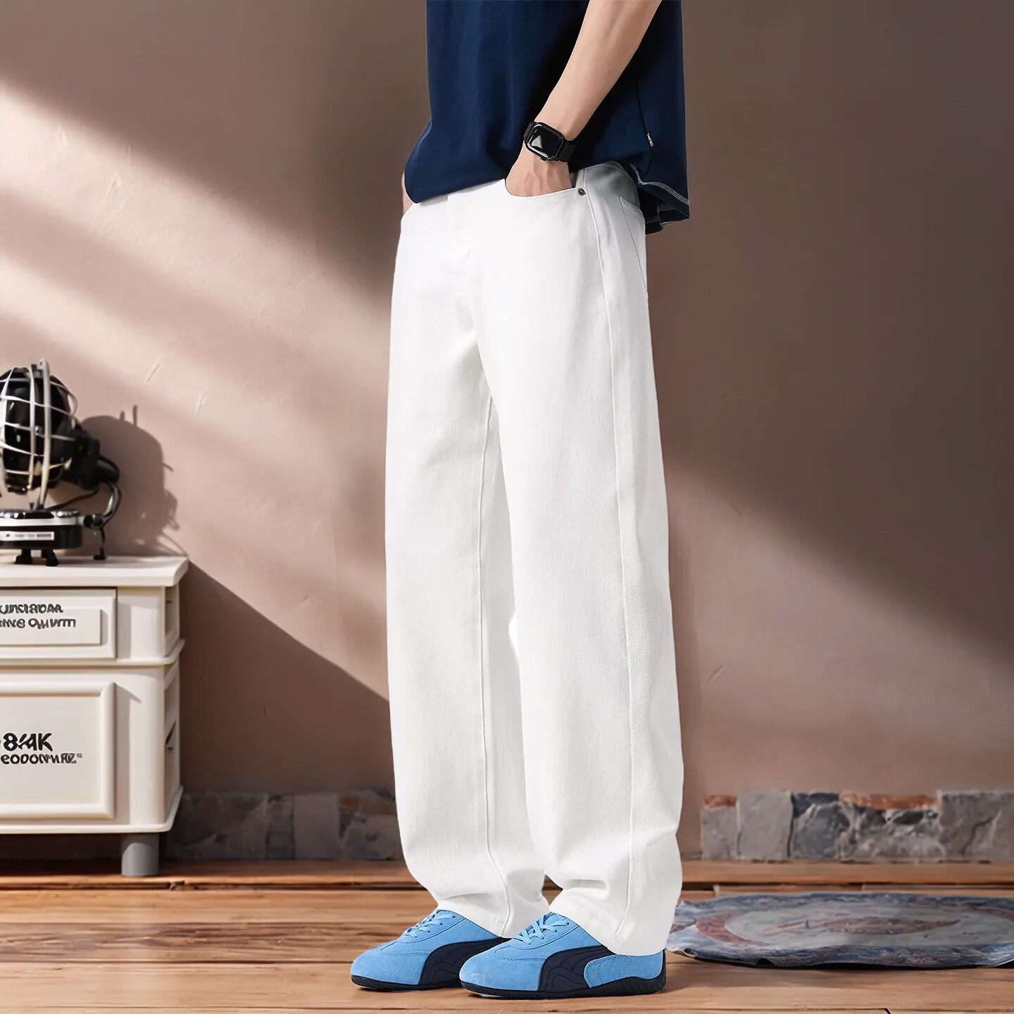 美式重磅cleanfit白色牛仔裤男直筒宽松百搭四面弹阔腿春夏休闲裤 米白 8707 36  建议186-195斤