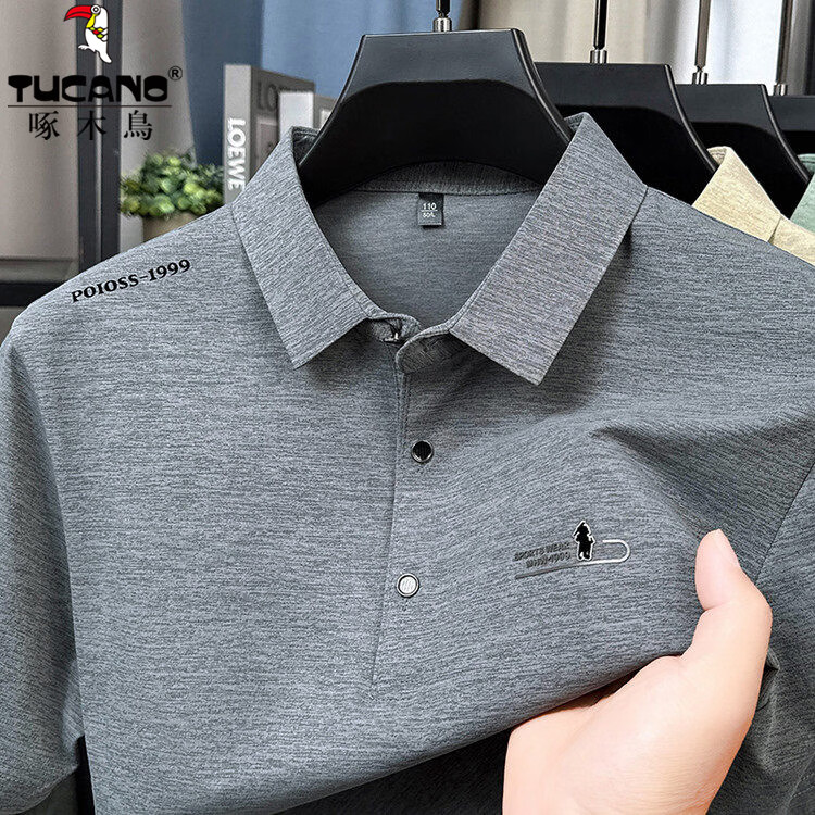 啄木鸟（TUCANO）酷丝棉短袖t恤男2026夏季新款上衣翻领男士半袖polo衫中年爸爸装 灰色 XL (175) 推荐135-150斤