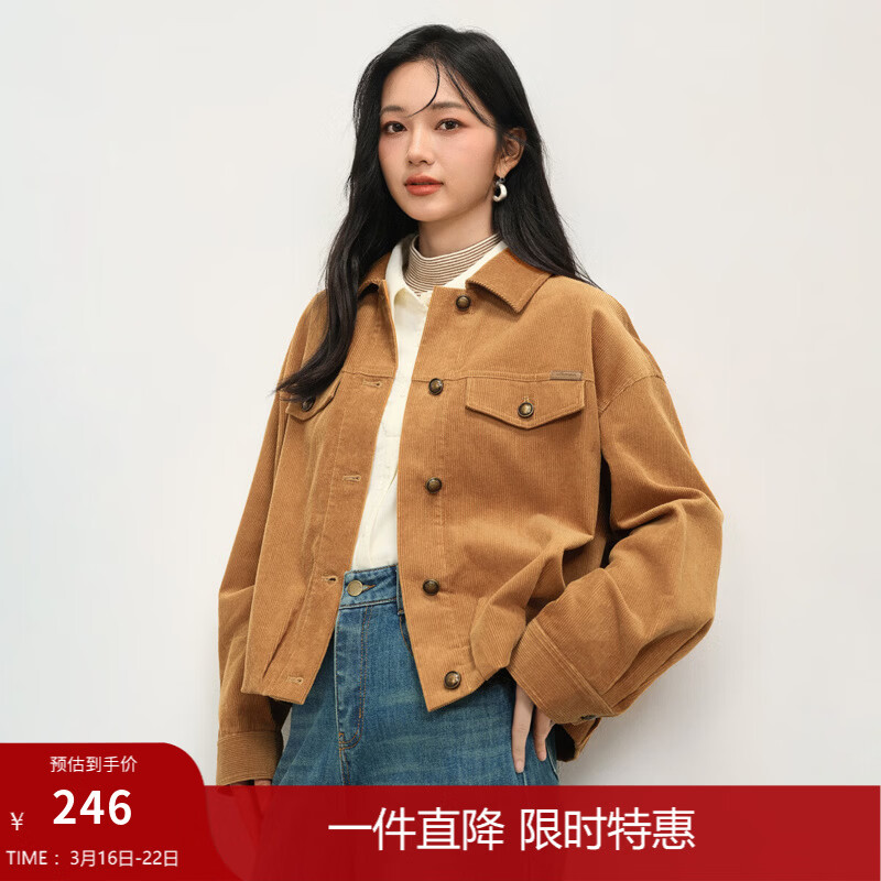 茵曼（INMAN）复古巴恩风纯棉短外套女2026春季时尚收褶下摆宽松灯芯绒上衣 咖色 M