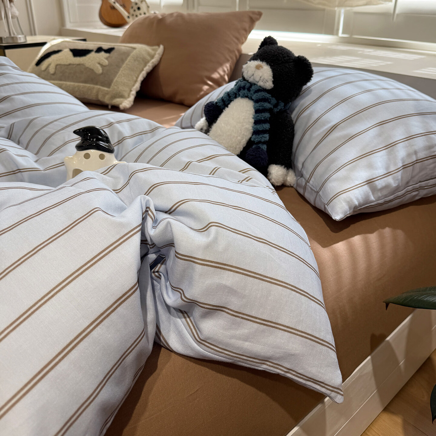 苏萱混搭简约风全棉双层纱床上四件套条纹纯棉1.5m公寓被套床单三件套 拿铁焦糖 1.8m 床单款 四件套-被套200x230cm