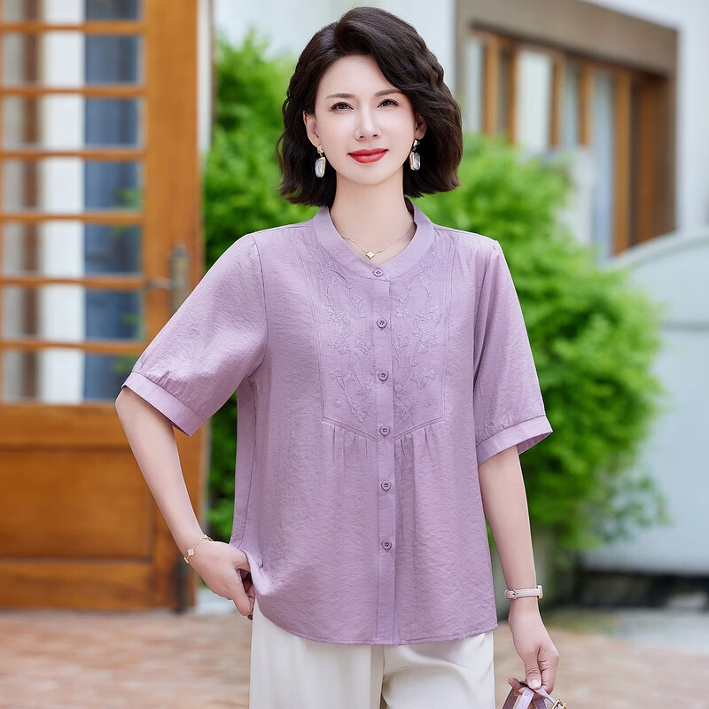 俞兆林(YUZHAOLIN)妈妈夏装棉麻小衫套装新款短袖T恤衬衫中老年女装女士国风上衣服 粉色+米色阔腿裤 3XL (建议120-130斤)