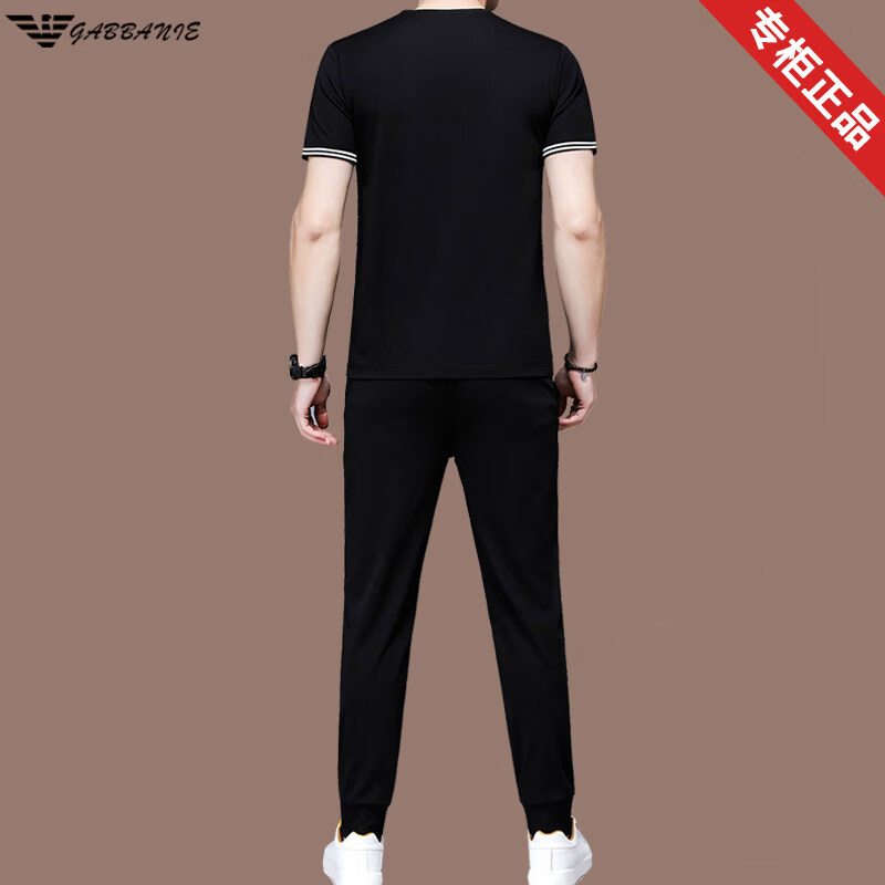 阿玛尼（ARMANI）正品名牌男装休闲运动套装男夏季短袖桑蚕丝高端男装一套搭配潮流 一线品牌黑色 L 170_