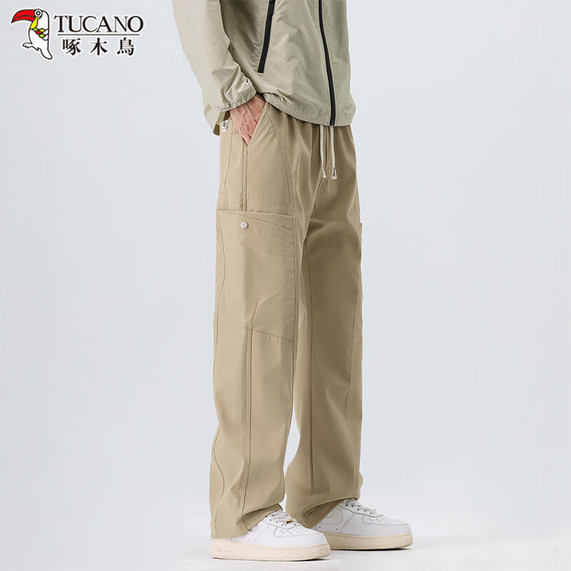 啄木鸟（TUCANO）工装休闲裤男宽松直筒休闲2025秋季新款多口袋阔腿运动长裤 卡其色 【官方正品】 M 建议【100-110斤】