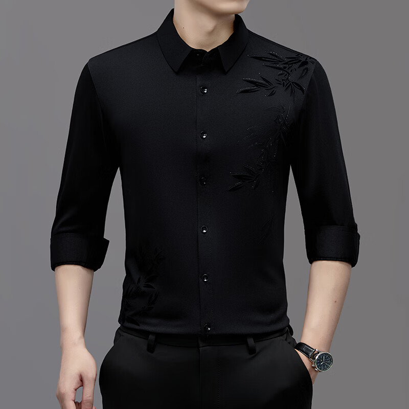 爆款男士高档衬衫春秋季新款无痕商务休闲打底男装衬衣 黑色 XL 【建议135-145斤】