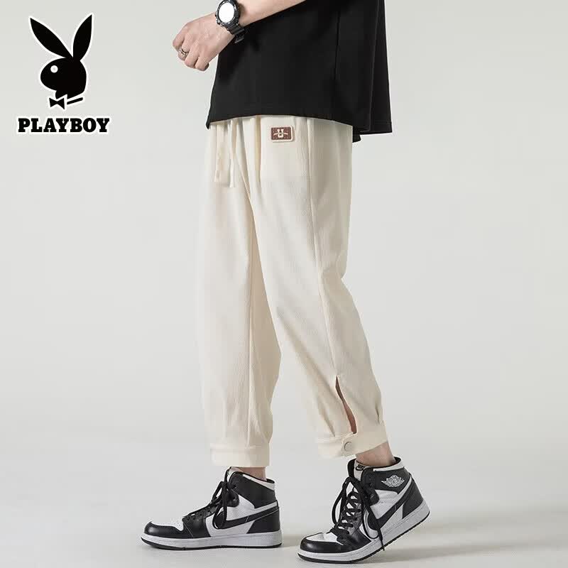 花花公子（PLAYBOY）裤子男士夏季薄款宽松直筒冰丝速干垂感休闲春秋款运动九分卫男裤 311黑色 XL （建议125-150斤）
