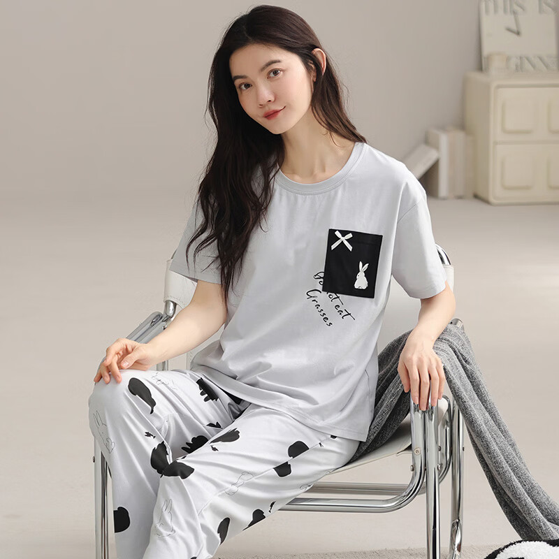 猫人纯棉100%女款带胸垫春夏季睡衣可外穿甜美可爱睡衣家居服套装 粉格苹果 【纯棉100% 自带胸垫】 2XL 【推荐体重140-160斤】