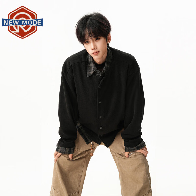 NEW OR MODE老钱风复古假两件外套男春秋新款格纹拼接宽松翻领棒球服夹克上衣 黑色【高品质】 M 【建议90-110斤】