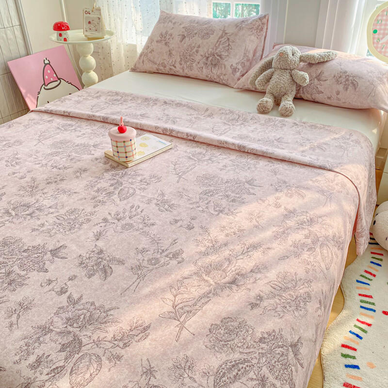 雅鹿加厚老粗布床单单件100原棉亚麻床罩学生宿舍被单三件套单人 木槿 单床单230*240cm