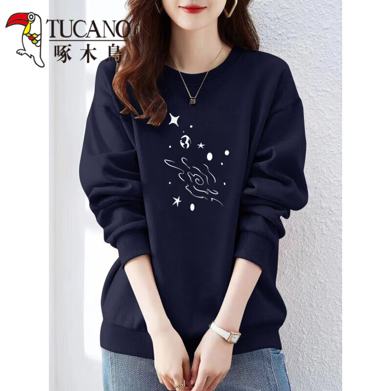啄木鸟（TUCANO）2026新款圆领纯.棉卫衣女宽松百搭简约春秋 白星空-藏蓝色【不加绒】 S 【建议70-100斤】