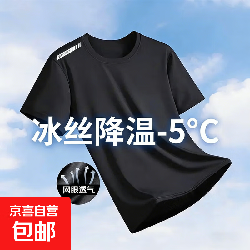 【网眼透气清爽】夏季印花短袖男运动速干男士t恤男冰丝健身衣服 肩标中国【黑色】 5XL 【建议180-200斤】