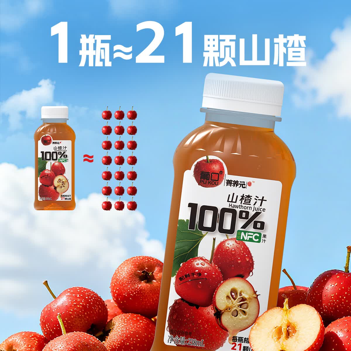 葡口果汁饮料0脂肪聚餐解腻饮料复合果汁 山楂汁238ml*10瓶 现货速发破损包赔