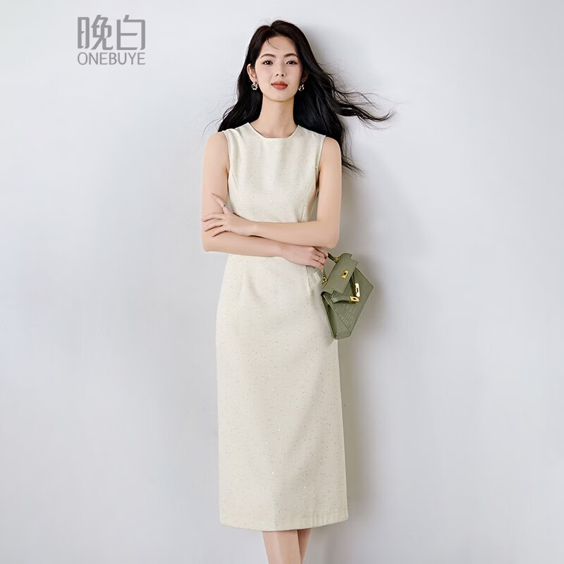 晚白【新品】2026春款正式场合穿搭时尚亮片裙子气质高级感无袖连衣裙 杏色 M
