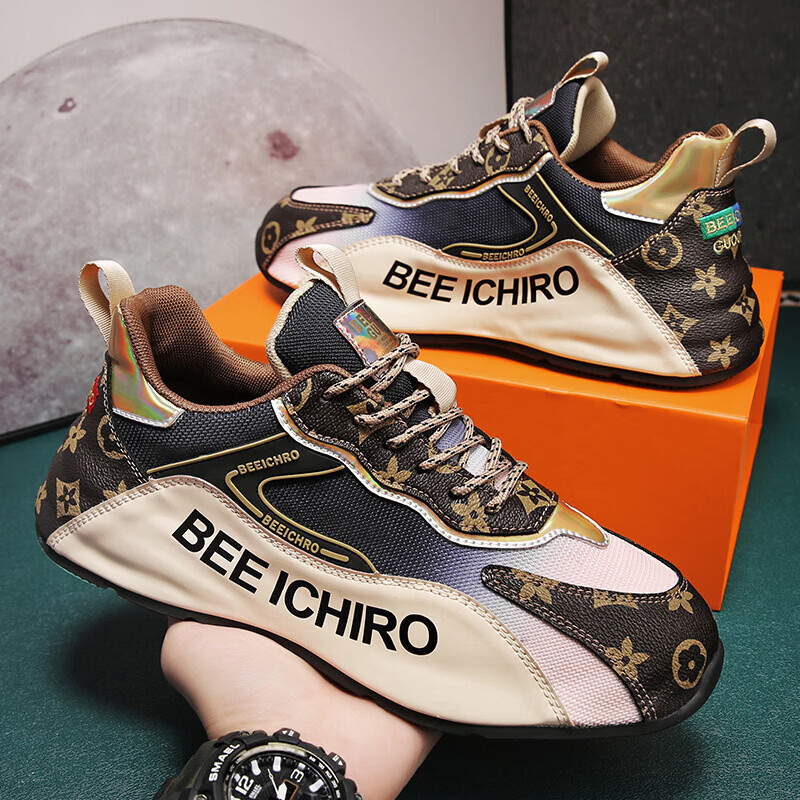 COSTENINS . COM包底男鞋春秋新款百搭厚底休闲运动鞋男士内增高网布老爹鞋男 经典米色 44