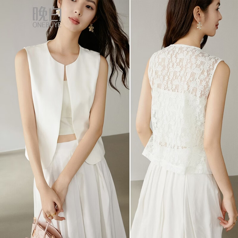 晚白【新品】2026年春款时尚休闲上衣设计感背部蕾丝纯色马甲女 米白色 M