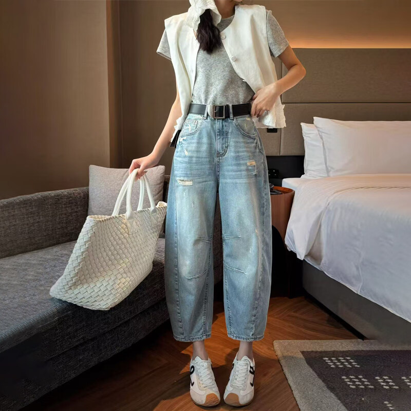 MODX夏季薄款牛仔裤女九分裤弯刀裤高腰阔腿老爹裤哈伦裤欧货大码裤子 浅蓝色 26 90-105斤