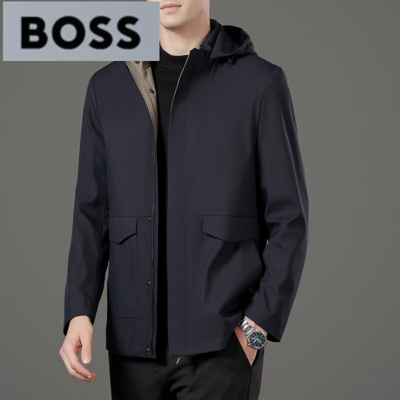 BOSS2026春秋新款夹克中年男装商务休闲连帽时尚茄克男外套立领 藏青色 XL 180/96