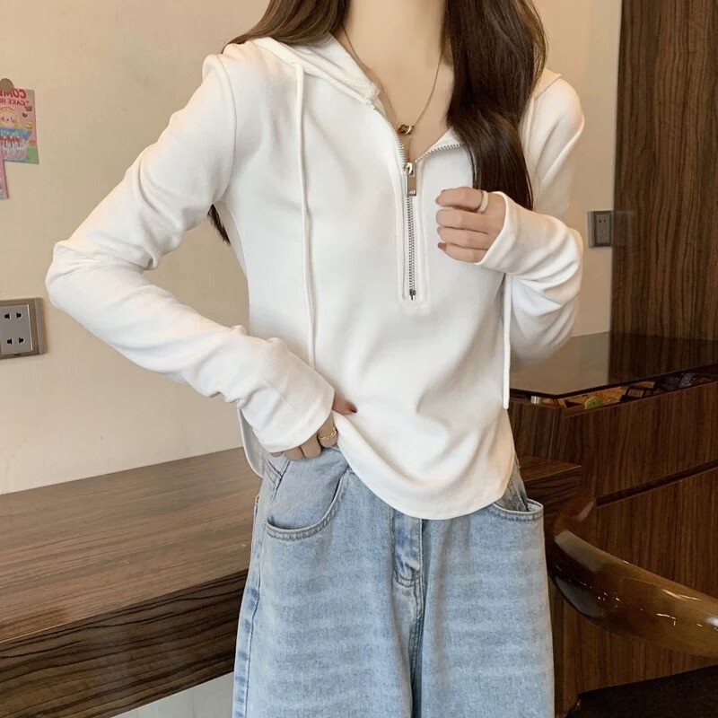 BURQAMARCH春秋卫衣女2026新款连帽长袖短款气质打底衫修身燕尾高腰女士上衣 白色 XL （建议105-130斤）