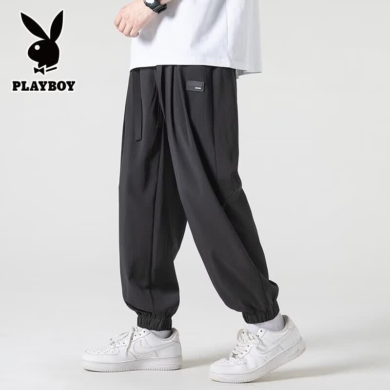 花花公子（PLAYBOY）裤子男士夏季薄款宽松直筒冰丝速干垂感休闲春秋款运动九分卫男裤 311黑色 XL （建议125-150斤）