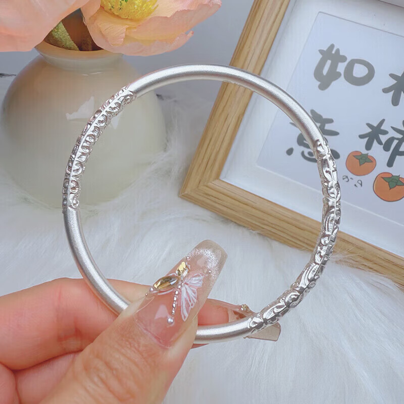 老凰祥足银9999卷草纹古法银手镯实心闭口银镯子生日礼物送女 麻将手镯-62