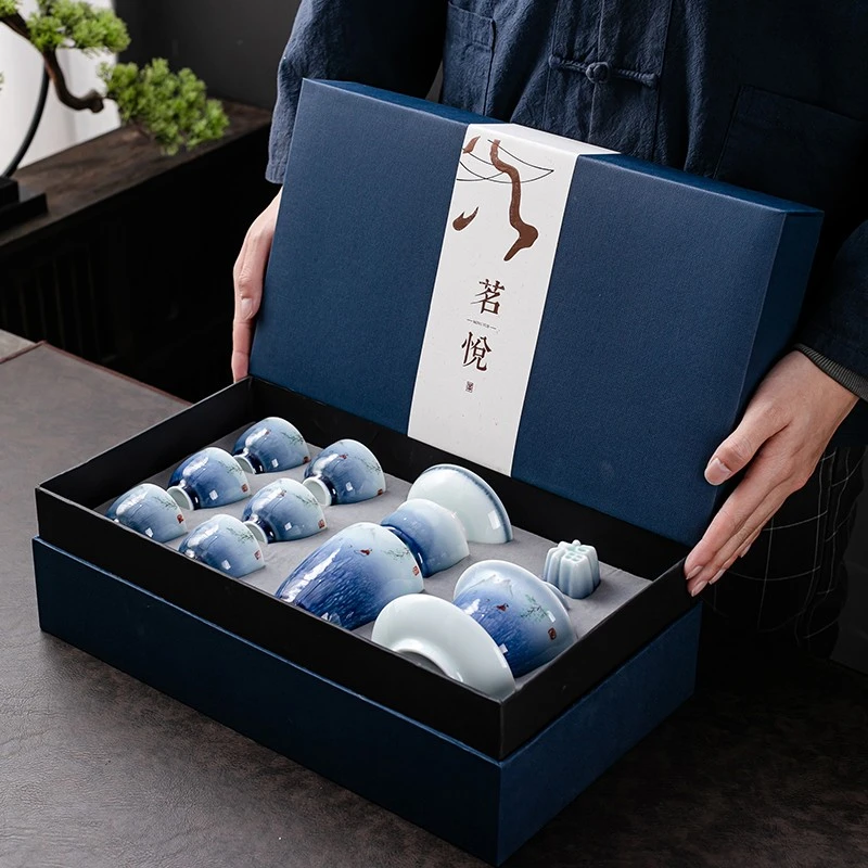 京峰阁 茶具套装 景德镇陶瓷手绘划船茶壶整套高档轻奢家用办公商务礼品 手绘划船皮盒套装 6人饮 11件