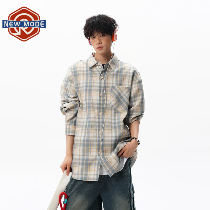 NEW OR MODE美式复古格子长袖衬衫男春秋潮牌宽松学院风衬衣高街情侣纯棉外套 土黄色【高品质】 XL 【建议125-145斤】
