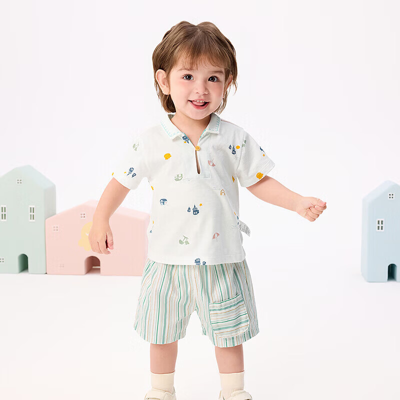 巴拉巴拉童装男童短袖套装儿童两件套吸湿速干宝宝女童衣服夏装潮萌趣 白黄色调00313-200225119111 100