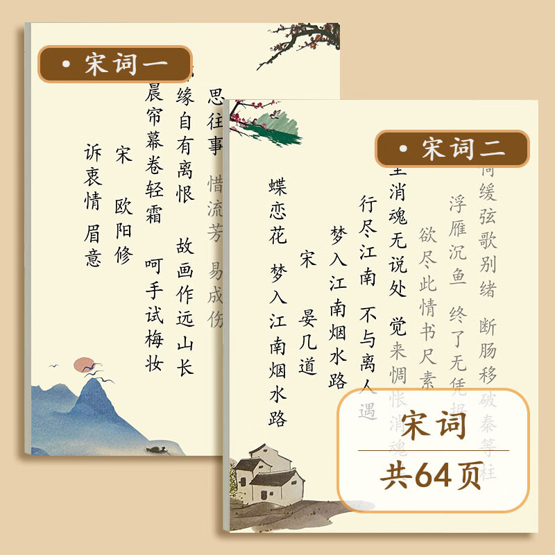 恬舒字帖成年人练字帖唐诗宋词小学生女生临摹古诗词硬笔书法纸练字本 宋词一/二2本(64张)