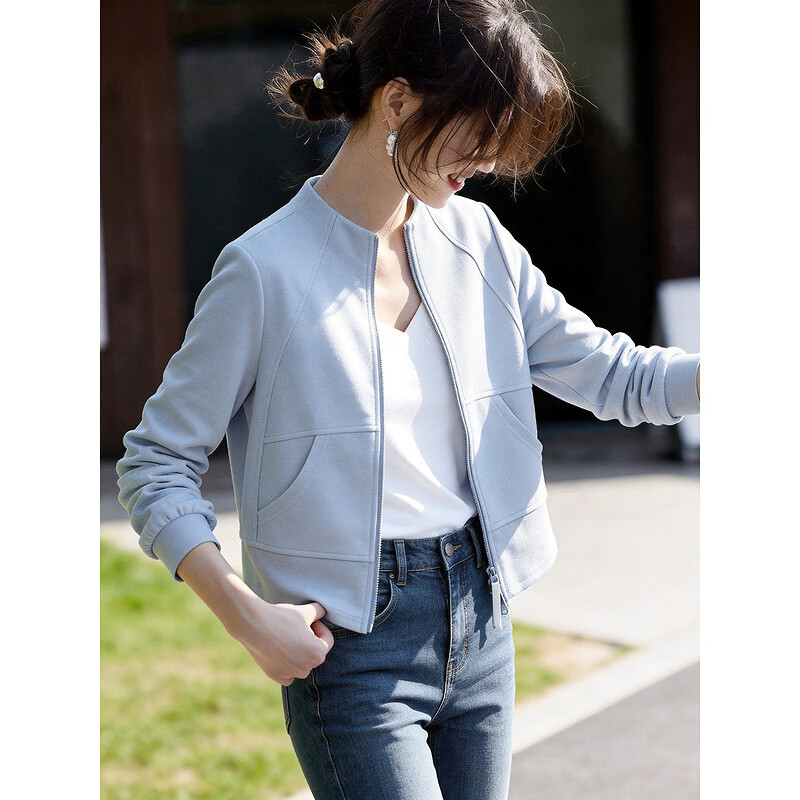 百家好（Basic House）Basic House/百家好早春新款纯色拉链卫衣开衫宽松立领短款外套女 蓝色 L