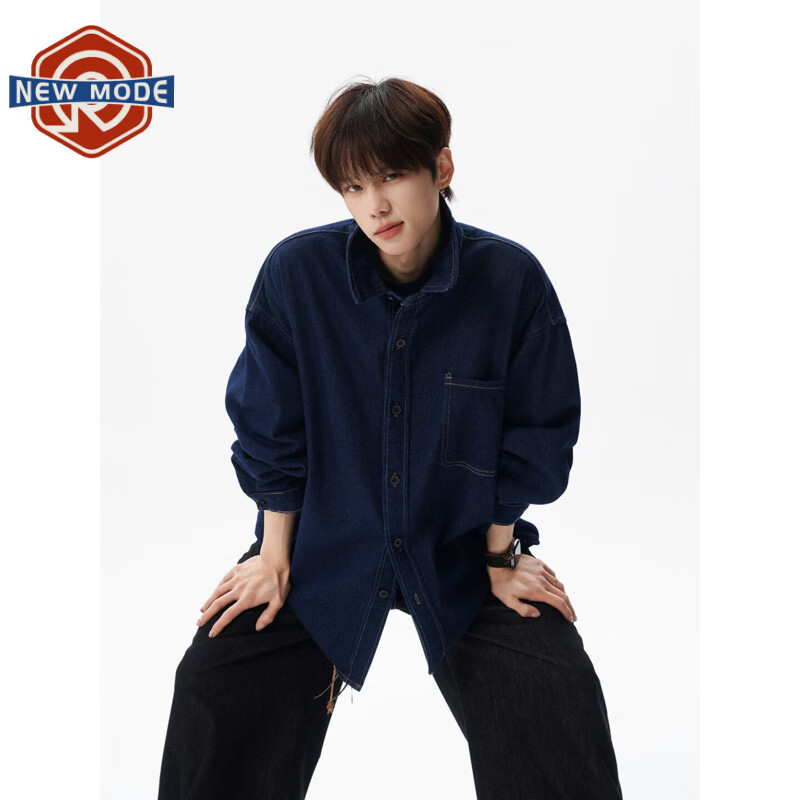 NEW OR MODE美式复古丹宁牛仔外套男春秋新款水洗翻领衬衫情侣休闲宽松夹克衫 蓝色【高品质】 M 【建议90-110斤】