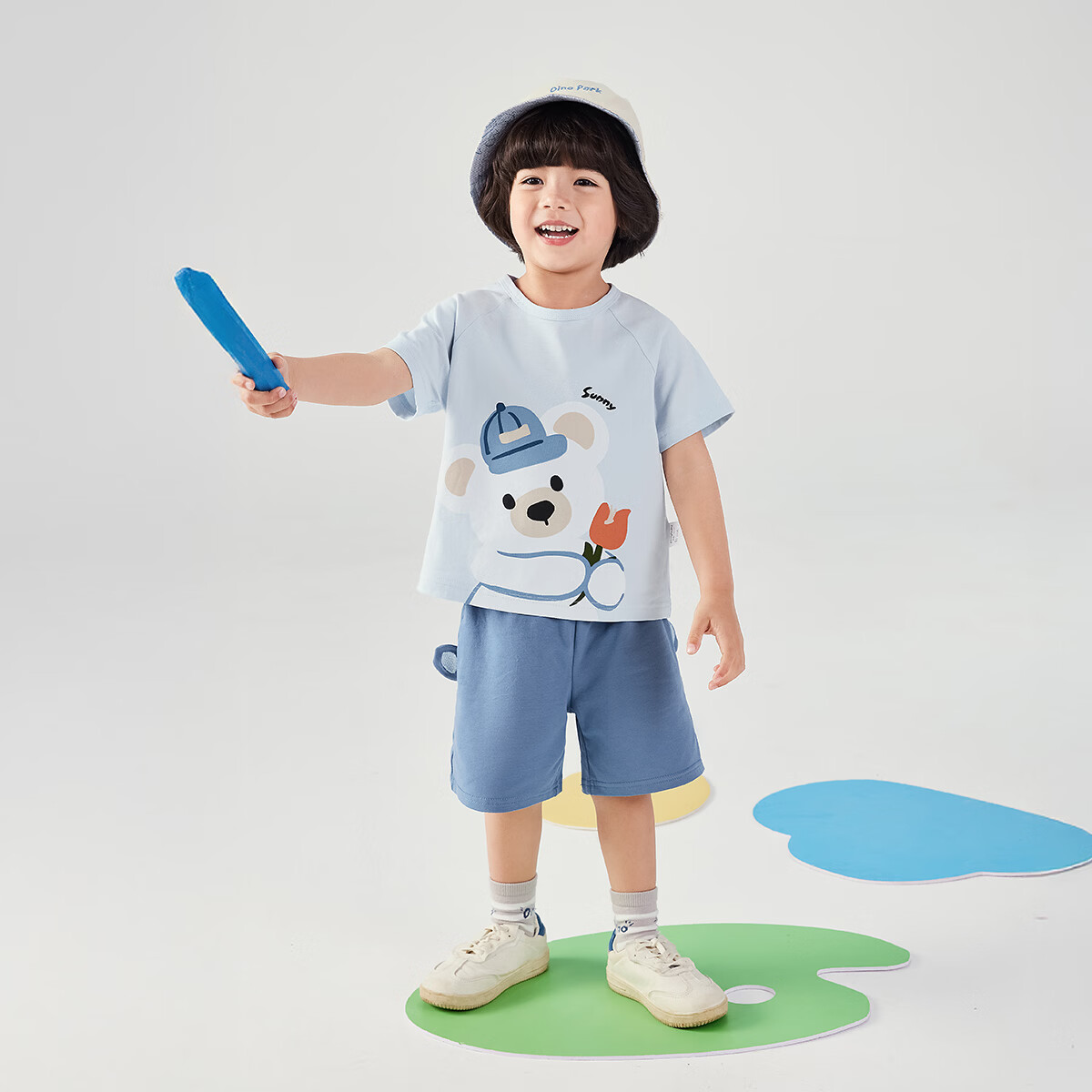 JELLYBABY【小熊卡通两件套】25年新品夏季男童婴幼T恤短裤套装可爱透气 蓝色 100