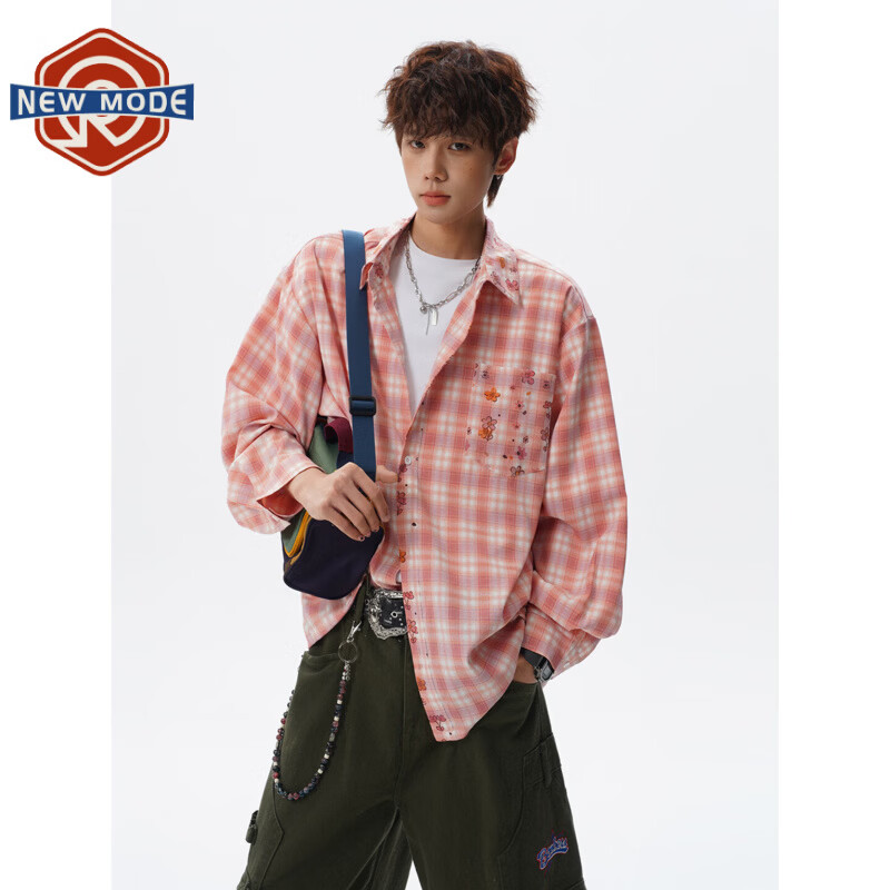 NEW OR MODE美式格子印花长袖衬衫男春季新款潮牌宽松拼接高级感冰丝衬衣外套 粉色【高品质】 M 【建议90-110斤】