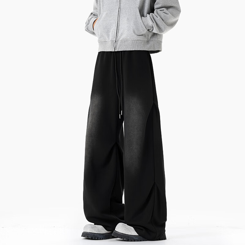 NEW OR MODE美式重磅水洗褶皱休闲裤子男春季潮牌复古运动长裤高街痞帅直筒裤 黑色【高品质】 M 【建议90-110斤】