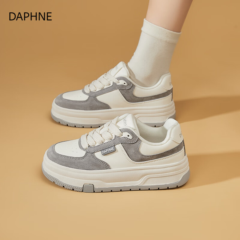 达芙妮厚底熊猫小白鞋女2026新款春季百搭休闲增高学生板鞋圆头舒适女鞋 米灰色 40