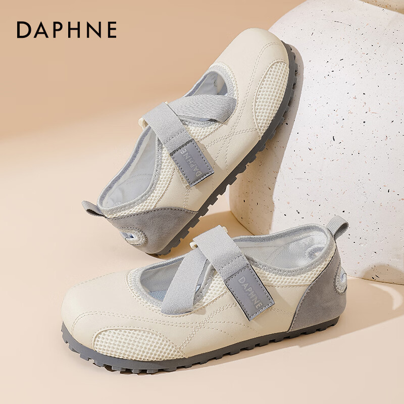 达芙妮魔术贴单鞋女2026春新款小白鞋平底百搭休闲玛丽珍鞋泡芙鞋JD 米灰色 39