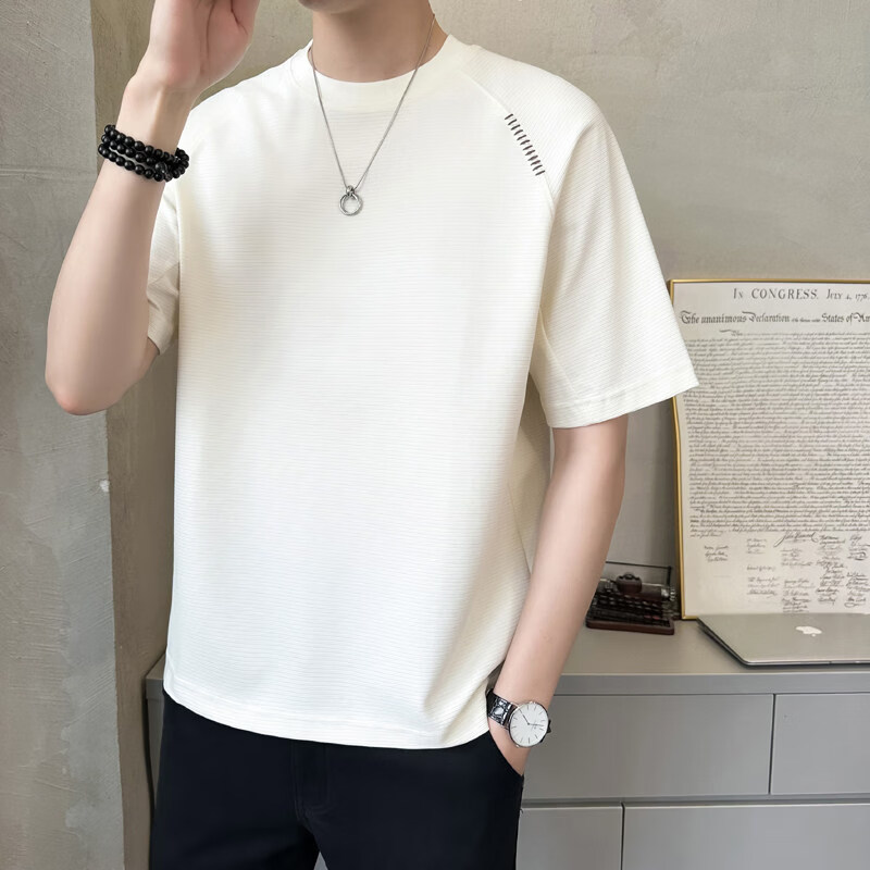 JPUZ男士短袖T恤夏季男装纯色潮牌潮流宽松透气百搭夏天衣服男生半袖 米白色 M