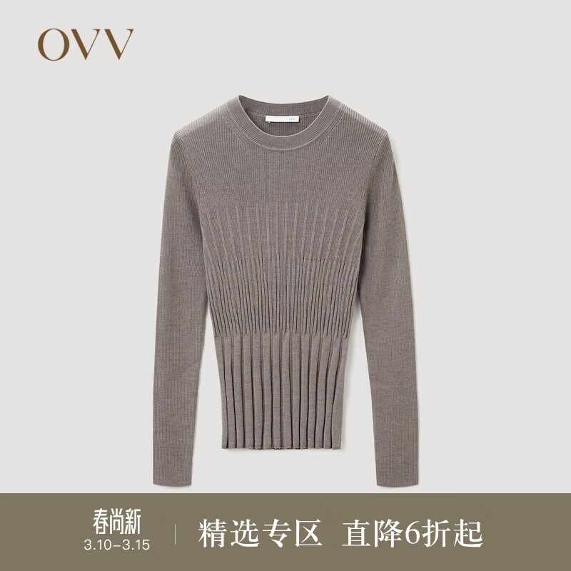 OVV秋冬热卖女装丝羊毛竖条纹肌理圆领休闲长袖针织衫 驼色（净色）B2 M