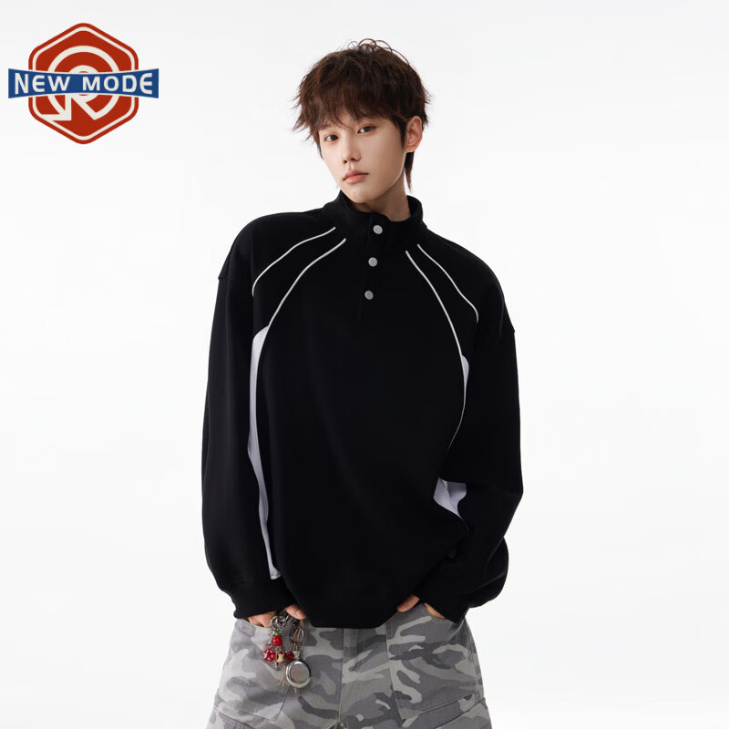NEW OR MODE美式学院风撞色立领卫衣男春秋潮牌拼接设计感宽松情侣外套上衣服 黑色【高品质】 2XL 【建议140-160斤】