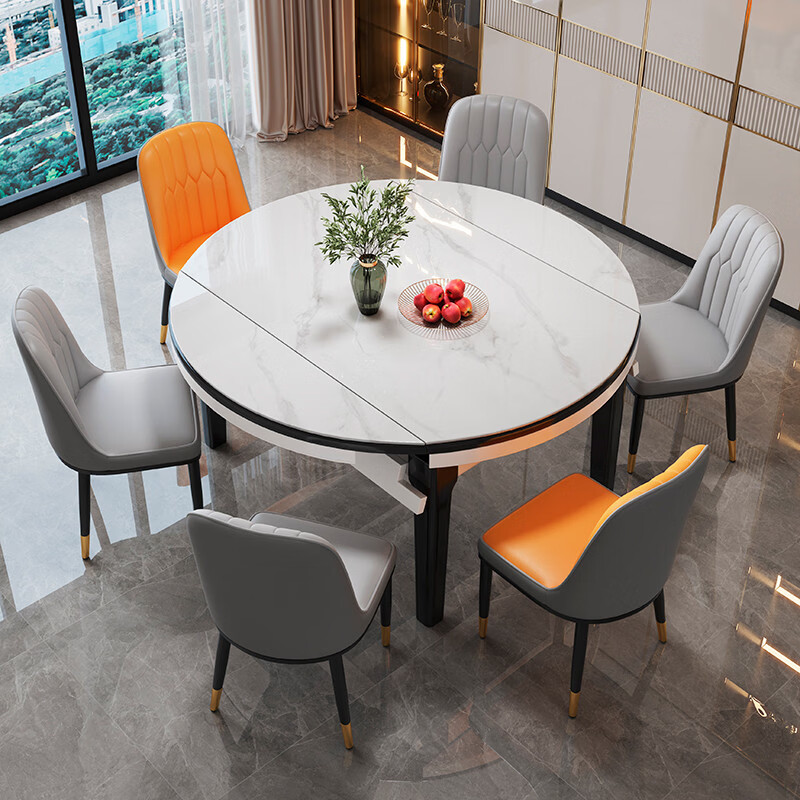 溥畔现代简约轻奢岩板餐桌椅组合 小户型伸缩餐桌 实木架防刮耐磨餐桌 1桌10太空椅[电磁炉12MM岩板]全国联保 75cm 150x90x75cm