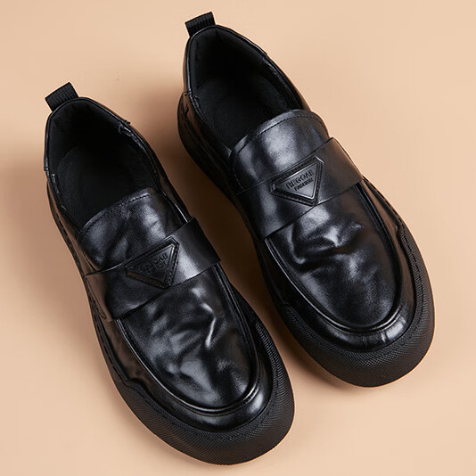 Walker Shop皮鞋男2026新款高端头层牛皮软底一脚套黑色真皮休闲皮鞋隐形增高 黑色【内增高】 42