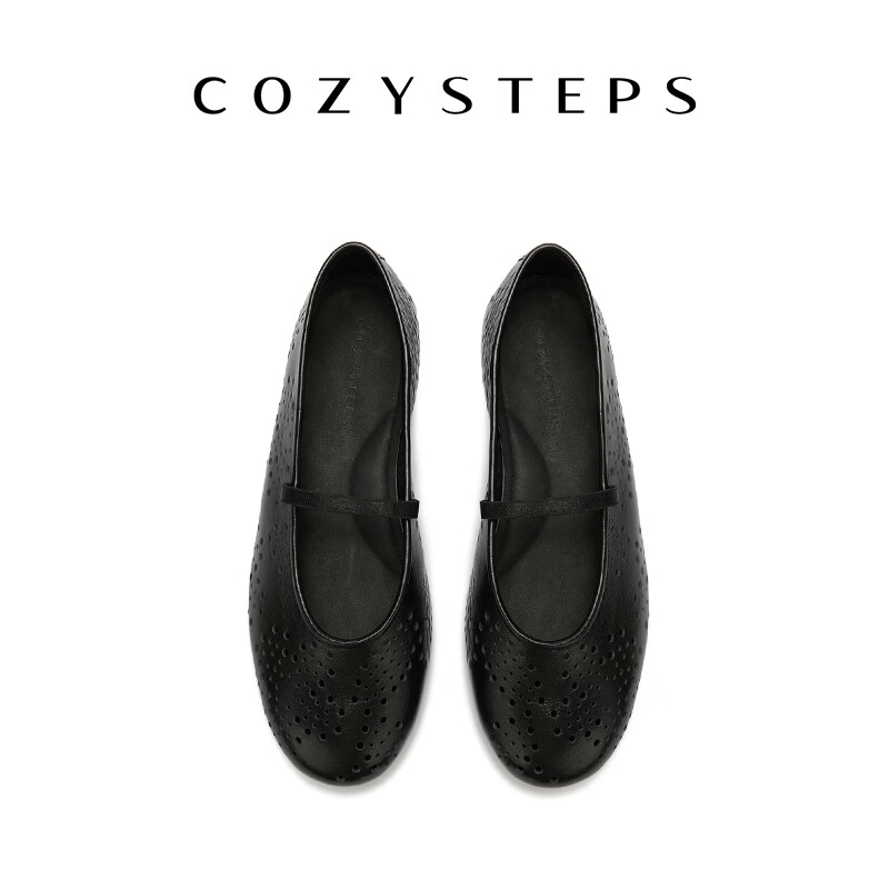 COZY STEPS可至女士26春季新款浅口复古牛皮芭蕾玛丽珍镭射冲孔单鞋女 松露黑 40