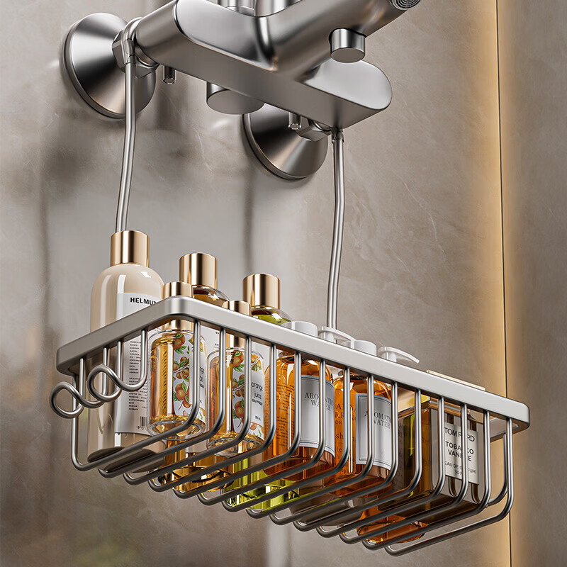 浴室置物架免打孔淋浴房卫生间花洒挂架洗发水沐浴露挂篮厕所收纳 太空铝加深挂篮黑色大号带钩