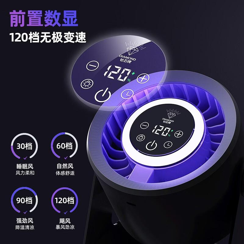 钻石牌【120档空调风丨冷风循环扇】桌面小风扇空气循环扇宿舍学生台面办公室USB家用涡轮迷你电风扇 灰紫色【插电款】